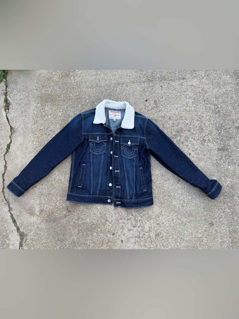 True Religion Men’s Dark Blue Denim Jacket with White Sherpa Collar